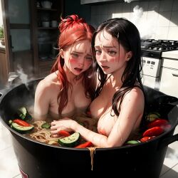 2girls ai_generated blush boiled_alive boiling breasts brown_hair brunette_hair cannibalism cooked_alive cooking cooking_pot crying crying_in_pain crying_with_eyes_open gynophagia imminent_death kitchen long_hair nipples noodles nude nude_female red_hair scared soup submerged submissive submissive_female tagme tears vegetables