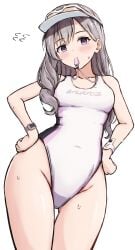 blush bracelet hands_on_hips idolmaster idolmaster_shiny_colors medium_breasts object_in_mouth school_swimsuit slender_waist sukumizu sweatdrop thick_thighs whistle whistle_in_mouth wide_hips wristwatch yuukoku_kiriko