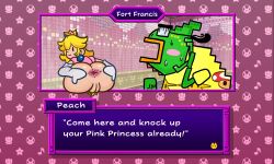 1boy 1girls anthro anus ass big_anus chameleon dialogue english_text female francis_(super_paper_mario) human male mario_(series) osterzonensfw paper_mario paper_peach princess_peach pussy scalie super_paper_mario tagme text