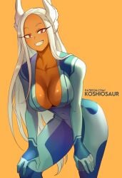 1girls ass big_breasts breasts cleavage cosplay crossover_cosplay dark-skinned_female dark_skin koshio leaning_forward metroid miruko my_hero_academia nintendo rabbit_ears red_eyes rumi_usagiyama samus_aran_(cosplay) smile solo tan-skinned_female tan_body tan_skin white_hair zero_suit