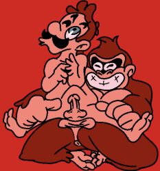 2boys anal anus balls donkey_kong donkey_kong_(series) enterman full_body gay genitals gorilla holding_legs human humanoid_genitalia humanoid_penis legs_apart luigi male male/male male_only mario_(series) multiple_boys naked nude one_eye_closed penetration penis red_background reverse_cowgirl_position sex simple_background stomach_bulge testicles