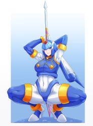 armpits arms_up blue_eyes egrettauno fairy_leviathan fully_clothed large_breasts mega_man mega_man_x_dive mega_man_zero pole robot robot_girl spread_legs squatting tagme