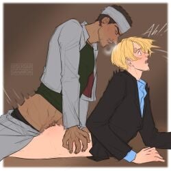 2boys anal_penetration anal_sex blonde_hair clothed_sex curly_eyebrow gay gin_(one_piece) holding_hips male male/male male_only one_piece partially_clothed pre-timeskip sugar_saharok suit surprised thrusting vinsmoke_sanji yaoi