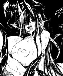 1boy 1girls blush echidna_(last_origin) engulfing_paizuri faceless_male female geist43195783 horns huge_breasts long_hair male monochrome nipples open_mouth paizuri smile straight sweat tongue tongue_out