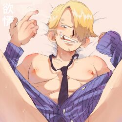 1boy blonde_hair blush cigarette curly_eyebrow drooling erect_nipples gay implied_anal male_only olu1132 one_piece open open_shirt partially_clothed pov pre_timeskip smoking spread_legs tie vinsmoke_sanji