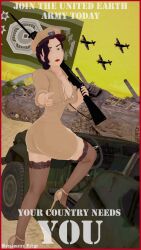 1girls airplane artist_name avatar_legends breakwater_ridge clothed_female earth_kingdom english_text female female_only gun kuvira pinup pose retro_artstyle solo solo_female tank text the_legend_of_korra vintage wallpaper weapon