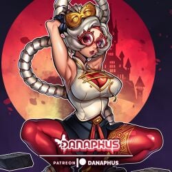 big_breasts bodysuit danaphus fanart female glasses huge_breasts patreon purah purah_(tears_of_the_kingdom) red_eyes tears_of_the_kingdom tentacle the_legend_of_zelda tied_hands white_hair