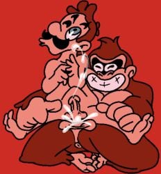 2boys anal anus balls cum cum_in_ass cum_inside cumming cumming_from_anal_sex cumming_inside cumming_together cumming_while_penetrated cumming_while_penetrating donkey_kong donkey_kong_(series) enterman full_body gay genitals gorilla holding_legs human humanoid_genitalia humanoid_penis legs_apart luigi male male/male male_only mario_(series) multiple_boys naked nude one_eye_closed penetration penis red_background reverse_cowgirl_position sex simple_background stomach_bulge testicles