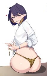 ass big_ass bikini_bottom bracelet female from_behind grin heart highres hololive hololive_english hololive_myth jewelry ku_roiko leopard_print looking_at_viewer looking_back mole mole_under_eye multiple_earrings ninomae_ina'nis panties pointy_ears purple_eyes purple_hair ring roikopi shirt short_hair side-tie_panties sitting sleeves_past_elbows smile solo tentacle_hair underwear untied_panties virtual_youtuber white_background white_shirt