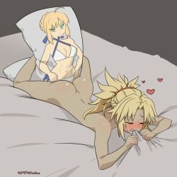 1girls abs absurdres ahoge artoria_pendragon_(fate) artoria_pendragon_(swimsuit_archer)_(fate) artoria_pendragon_(swimsuit_archer)_(first_ascension)_(fate) ass bikini blonde_hair blush breasts cleavage completely_nude dakimakura_(object) fate/apocrypha fate/grand_order fate_(series) female female_masturbation female_only hands_on_own_hips heart highres masturbating masturbation mordred_(fate) myahogao nude pillow saber sheet_bite sheet_grab solo sweat swimsuit tan yuri