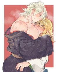 2boys big_pecs blonde_hair blush breath demon_slayer eye_contact gay hair_down japanese_clothes kimetsu_no_yaiba kimono kyu_717 long_hair long_hair_male looking_at_another male male_only muscular muscular_male off_shoulder pecs rengoku_kyoujurou sweat thick_eyebrows two_tone_hair uzui_tengen white_hair yaoi yellow_eyes