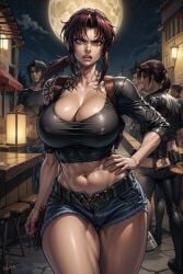 abs ai_generated angry angry_face annoyed_expression black_lagoon cleavage erect_nipples holster holster_strap hourglass_figure huge_breasts jean_shorts midriff nipples_visible_through_clothing revy shirt short_shorts shorts shoulder_holster tattoo the_hotshot thick_thighs wide_hips