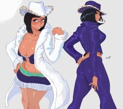 1girls back_view big_breasts black_hair blue_eyes cleavage coat cowboy_hat cowgirl crop_top female female_only fringe_trim front_view hat headgear jacket miss_all_sunday nico_robin one_piece pants pre-timeskip skin_tight skirt smile solo tagme thick_thighs topium wide_hips