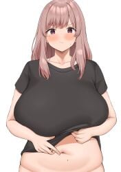 1girls blush breasts brown_hair chubby embarrassed female female_only hi_res huge_breasts large_breasts light-skinned_female light_skin long_hair looking_at_viewer massive_breasts neneneji original original_character simple_background solo white_background