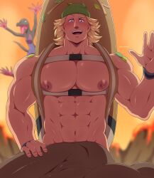 abs backpack backpack_only bara_tiddies bara_tits beard_stubble blonde_hair blush dark-skinned_male edd_layerex fully_nude hiker_(pokemon) hiker_(pokemon_sm) looking_at_viewer male male_nipples male_only muscular_arms muscular_male naked no_visible_genitalia nude offscreen_character pokemon pokemon_(species) pokemon_sm salazzle v-line waving_at_viewer