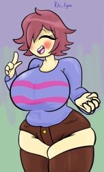 1girls 2d big_breasts big_thighs blue_shirt blush breasts brown_hair eye_closed female female_frisk female_only frisk green_background human human_female human_only no_dialogue pink_stripes red_blush short_hair shorts small_waist smile solo stockings striped_shirt tagme thick_thighs thighs tongue undertale undertale_(series) white_teeth