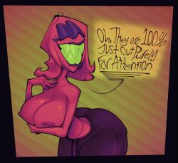 2022 big_ass big_breasts big_butt breasts bubble_ass bubble_butt cartoony closed_eyes dialogue eyelashes fingernails hips mina_lugo_(mrsnappyeagle) mrsnappyeagle nipples original original_character pants pink_body pink_hair purple_eyelids purple_lipstick sharp_teeth talking_to_viewer text thick_ass thick_thighs topless wide_hips