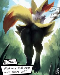 ambiguous_gender animal_humanoid anthro aph_(artist) ass balls barely_visible_balls barely_visible_genitalia braixen canid canid_humanoid canine canine_humanoid dialogue dialogue_box feet fox fox_humanoid from_behind_position generation_6_pokemon genitals humanoid low-angle_view mammal mammal_humanoid nature nature_background nintendo painting_(artwork) pawpads pokemon pokemon_(species) raised_tail rear_view solo tail thick_thighs traditional_media_(artwork) unaware unaware_pred upskirt worm's-eye_view