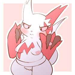 anthro areola blush breasts female generation_3_pokemon genitals hi_res lemonspark_nwt nintendo nipples pokemon pokemon_(species) pussy red_body red_eyes solo thick_thighs white_body zangoose