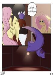 anthro biting_own_lip blue_eyes blush comic completely_nude english_text female_only fluttershy_(mlp) furry furry_only glory_hole hasbro huge_breasts my_little_pony nude_female_clothed_female one_way_mirror page_2 pegasus pink_hair purple_hair rarity_(mlp) silverfox057 skirt speech_bubble two-way_mirror unicorn wings