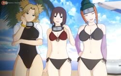 3girls adapted_costume adult age_difference arm_warmers beach_umbrella big_breasts bikini bikini_bottom bikini_top black_eyes blonde_hair bracelet breast_size_difference breasts brown_hair closed_eyes female female_only front-tie_bikini front-tie_bikini_top green_hair hair_bun headband hoodie koikatsu kunoichi light-skinned_female light_skin long_hair matsuri_(naruto) midriff multicolored_hair multiple_girls naruto naruto_(series) naruto_shippuden ninja ocean older_female one-piece_swimsuit orange_hair otsukira outdoors pakura pale-skinned_female pale_skin palm_tree patreon_username ponytail quad_tails sand seaside side-tie_bikini side-tie_bikini_bottom small_breasts smile sunagakure_symbol swimsuit teal_eyes teenager temari temari(genin) text two_tone_hair umbrella url water watermark web_address young younger_female