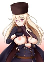 1girls beauty_mark blonde_hair earrings female female_only flashing girls'_frontline hand_under_breasts hat huge_breasts kamui_aya light-skinned_female light_skin looking_at_viewer mature_female milf pink_hair ptrd_(girls'_frontline) showing_breasts showing_off smile smiling smiling_at_viewer solo top_lift ushanka