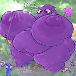 big_ass big_breasts chubby chubby_female giantess heavy hyper_breasts low-angle_view maximus467 obese obese_female pikmin pikmin_(species) purple_pikmin size_difference wet_pussy