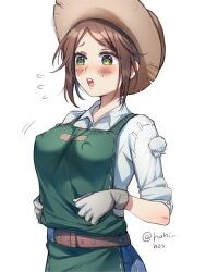 1girls apron belt blush brown_hair clothing color covered_nipples emma_woods female female_only freckles freckles_on_face gloves green_eyes hahi_hos identity_v jeans light-skinned_female light_skin shirt short_hair solo white_background