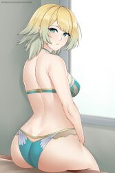 1girls aslindsamure ass big_ass bikini blonde_hair blue_bikini blue_eyes blue_swimsuit breasts butt_crack female female_only fire_emblem fire_emblem_heroes fjorm_(fire_emblem) looking_at_viewer looking_back medium_hair nintendo short_hair sitting solo swimsuit