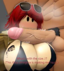 1boy 1girls 3d big_penis black_bra cock_hungry cock_worship dialogue english_text entry_point glasses_on_head neppyyyy red_hair roblox roblox_game robloxian rose_(entry_point) rose_tattoo smegma tagme tattoo_on_breast text unseen_male_face