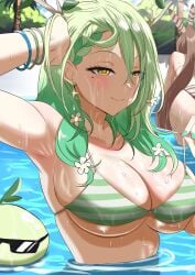 2girls ass bikini branch_horns breasts brown_hair ceres_fauna ceres_fauna_(summer_2023_swimsuit) fan_mascot_(vtuber) female green_bikini green_hair hololive hololive_english hololive_english_-council- hololive_english_-promise- horns huge_breasts long_hair nanashi_mumei outdoors ponytail pool redi_(rasec_asdjh) saplings_(ceres_fauna) striped_bikini virtual_youtuber white_bikini yellow_eyes