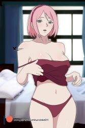 1girls adapted_costume agung911 bare_legs bare_midriff bare_shoulders bare_thighs bedroom blush boruto:_naruto_next_generations breasts clavicle cleavage collarbone curvaceous curvy curvy_body curvy_female curvy_figure facial_mark female female_only forehead_mark front_view green_eyes hair_ornament hairband high_resolution indoors legs_together lifted_by_self light-skinned_female light_skin looking_at_viewer mature mature_female messy messy_hair midriff milf naruto naruto_(series) navel no_bra open_mouth paipan pale-skinned_female pale_skin panties patreon_username petite pink_hair pinup sakura_haruno solo solo_focus strap_slip taking_clothes_off tank_top tease teasing teasing_viewer text thighs underwear undressing url watermark web_address