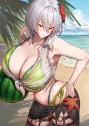 1girls absurdres alicia_renato_(yashiro_sousaku) bare_arms bare_shoulders beach bikini bikini_under_clothes black_skirt black_thighhighs blush borrowed_character breasts cleavage collarbone commentary_request commission day female flower food fruit green_bikini grey_hair hair_between_eyes hair_flower hair_ornament heterochromia highres holding huge_breasts looking_down making-of_available marse_(rokudaime) navel ocean original outdoors parted_lips red_eyes short_hair skirt solo starfish swimsuit thighhighs underboob water watermelon yellow_eyes