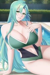 1girls alternate_costume aqua_hair arm_support aslindsamure bare_midriff bare_thighs blue_eyes braid breasts chloe_(fire_emblem) female female_only fire_emblem fire_emblem_engage green_eyes green_one-piece_swimsuit green_swimsuit grin huge_breasts long_hair looking_at_viewer midriff nintendo on_side one-piece_swimsuit outdoors pool solo swimsuit thick_thighs thighs very_long_hair