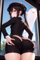 ai_generated ass ass_grab ass_support black_shorts blush boo_tao_(genshin_impact) breasts brown_hair cameltoe deep_skin female from_behind from_below genshin_impact ghost hat hat_ornament hu_tao_(genshin_impact) huge_ass long_hair looking_at_viewer looking_back medium_breasts shiny shiny_clothes shiny_hair shiny_skin short_shorts shorts sideboob smile solo twintails very_long_hair