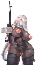 1girls bodystocking bodysuit cape crotch_cutout crotchless curvaceous curvy exposed_nipples exposed_pussy girls'_frontline gun hair_accessory hair_over_one_eye hairy_pussy huge_breasts ineffective_clothing long_hair machine_gun mature_female milf nipple_cutout nippleless_clothes one_eye_obstructed pk_(girls_frontline) plump pubic_hair red_eyes revealing_clothes skimpy skimpy_clothes skindentation solo thick_thighs thighhighs tight_clothing tight_fit voluptuous white_hair yui.h