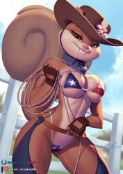 1girls 2023 alternate_version_available animal_ears anthro anthro_only bare_shoulders barely_clothed belly belt big_breasts bikini bikini_bottom bikini_top bodysuit breasts brown_body brown_eyes brown_skin buckteeth chaps choker clothed clothing cowboy_hat cowgirl curvaceous curvy curvy_figure day denim digital_media_(artwork) eyelashes feet_out_of_frame female female_focus female_only fence fingerless_gloves flag_bikini flower fluffy_tail fur furry gloves half-closed_eyes handwear hat headgear headwear hi_res highres holding holding_object large_breasts lasso looking_at_viewer mammal midriff mostly_nude navel nickelodeon outdoors outside pakwan008 pants rodent rope sandy_cheeks scarf sciurid signature sky smile solo solo_female solo_focus spongebob_squarepants squirrel squirrel_ears squirrel_tail standing tail teeth texan texas_flag texas_flag_bikini thick_thighs thighs url watermark wide_hips