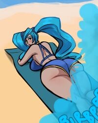 beach beach_towel big_ass big_thighs blue_panties cyan_hair fart fart_cloud laying_on_stomach laying_on_towel league_of_legends lolotron6 looking_back looking_over_shoulder sand sona_buvelle unusual_fart