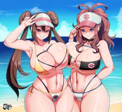 2girls aged_up alternate_breast_size beach belly belly_button big_breasts bikini blue_eyes blue_sky blush breast_squish breasts breasts_bigger_than_head breasts_frottage brown_hair brunette choker cleavage cloud clouds female hat hi_res hilda_(pokemon) hips huge_breasts jadenkaiba large_breasts light-skinned_female light_skin long_hair long_ponytail multiple_girls nintendo ocean outdoors pokemon pokemon_bw pokemon_bw2 ponytail rosa_(pokemon) sand thick_thighs thighs twin_buns twintails wide_hips