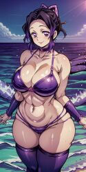 1girls 2023 ai_generated armpits beach big_breasts bikini blush blush_lines blushing_at_viewer breasts cloud clouds collarbone demon_slayer female female_focus female_only high_resolution highres hips hourglass_figure kimetsu_no_yaiba kochou_shinobu looking_at_viewer navel outdoors outside parted_lips purple_bikini purple_eyes purple_hair sea self_upload smile smiling smiling_at_viewer solo solo_female solo_focus stable_diffusion swimsuit tagme thighhighs thighs toned toned_body toned_female two_tone_hair violet_bikini water yodayo