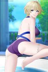 1girls ahoge alternate_costume aslindsamure ass back bare_back bare_legs bare_thighs barefoot big_ass bikini blonde_hair blue_eyes breasts female female_only fire_emblem fire_emblem_engage large_breasts legs looking_at_viewer looking_back merrin_(fire_emblem) nintendo outdoors partially_visible_vulva pool purple_bikini purple_swimsuit short_hair smile solo swimsuit thighs tree