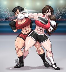 2girls abs ass athletic athletic_female biceps big_ass big_breasts big_thighs black_boxing_gloves black_gloves black_hair blood bodily_fluids boxer boxing boxing_gloves boxing_ring breasts brown_hair busty catfight chest cleavage cross_counter curvaceous curvy curvy_figure digital_media_(artwork) eyes female female_only fight fighting fit fit_female full_body gabocaricaturas gloves hair hips huge_ass huge_breasts huge_thighs human hyper_thighs large_ass large_breasts legs light-skinned_female light_skin lips long_hair massive_thighs midriff mouthguard muscular muscular_female muscular_legs muscular_thighs obliques open_mouth original original_character original_characters punching red_shorts red_tank_top ryona saliva shiny_skin shiny_thighs shoes shorts six_pack socks sports_bra tank_top thick thick_hips thick_legs thick_thighs thighs thunder_thighs white_boxing_gloves white_gloves wide_hips