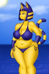 1girls 2021 animal_crossing ankha ankha_(animal_crossing) big_breasts bikini blue_eyes blue_hair cat_ears chuchujellyart feline female female_only hand_on_hip hi_res looking_away narrowed_eyes nintendo solo tail thick_thighs