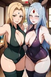 2girls ai_generated big_breasts big_nipples blonde_female blonde_hair blush blushing_at_viewer blushing_profusely choker female female_only forehead_gem forehead_jewel forehead_mark horns huge_breasts indoors lewdcreationsai multiple_girls muscular muscular_female naruto naruto:_the_last naruto_(classic) naruto_(series) naruto_shippuden nipples nipples_outside nipples_visible_through_clothing otsutsuki_kaguya pale-skinned_female pale_skin phone selfie selfie_pose smile submissive submissive_female thick thick_ass thick_legs thick_thighs thigh_highs thighs toned toned_female tsunade