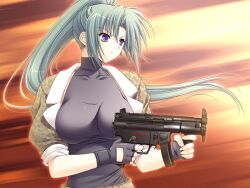 4:3 4:3_aspect_ratio asymmetrical_hair big_breasts blue_eyes blue_hair breasts female gun long_hair ponytail side_ponytail soul_link submachine_gun suzuhira_hiro tied_hair weapon yamanami_yu