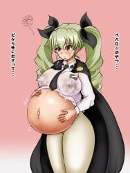 1girls anchovy dark_nipples girls_und_panzer green_hair pregnant