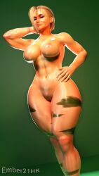 2k 3d big_breasts blender blender_(software) blender_cycles blonde_female blonde_hair british cammy_white capcom ember21hk hand_on_head hand_on_hip leg_markings looking_at_viewer muscles naked naked_female pussy short_hair smirking street_fighter street_fighter_6 thick_hips thick_legs thick_thighs white_skin