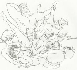 3girls 5boys ass billiard_table breasts captain_hero cum dark_skin drawn_together female foxxy_love kongen ling-ling male monochrome multiple_boys multiple_girls nude orgy penis pool_table princess_clara sketch smile spanky_ham strawberry_sweetcake wooldoor_sockbat xandir_p._wifflebottom