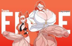 2futas alternate_breast_size balls bottomless breasts breasts_bigger_than_head clothed clothing duo erection futa_only futanari gnkpart huge_balls huge_breasts huge_cock human hyper hyper_balls hyper_breasts hyper_penis light-skinned_futanari light_skin long_hair mostly_clothed orange_hair oversized_balls partially_clothed partially_retracted_foreskin penis pokemon red-tinted_eyewear standing sunglasses team_flare team_flare_admin team_flare_grunt team_flare_grunt_(female) tinted_eyewear uncut veiny_penis veiny_testicles