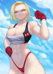 1girls abs android_18 athletic athletic_female belly_button blonde_hair blue_eyes calad_g dragon_ball dragon_ball_fighterz dragon_ball_super dragon_ball_z fit fit_female muscular muscular_arms muscular_female muscular_thighs navel six_pack sports_bra tomboy